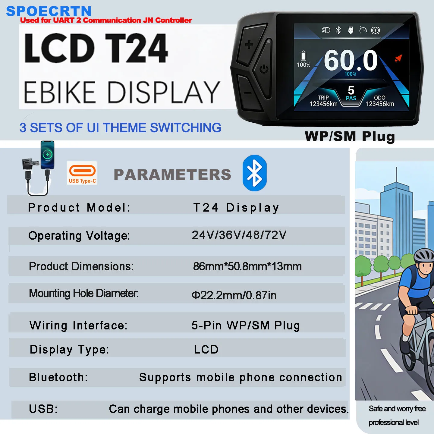 Electric Bicycle T24 LCD Display Screen  24V-72V SM/WP for UART 2 Communication Protocol Controller view 3