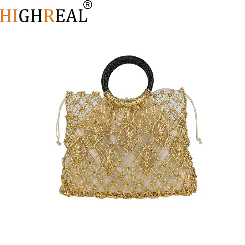 

Fashion Women's Hollow Woven Handbag Summer Beach Bag Ladies Knitting Straw Rope Bag Vacation Large Tote Bag