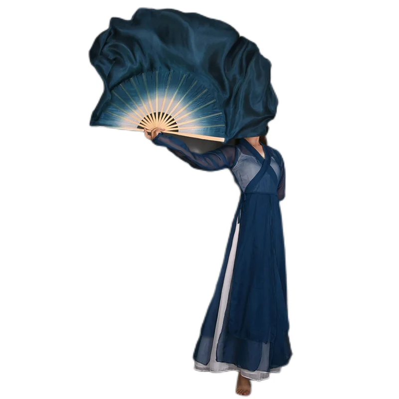 White Navy Blue Gradient Real Silk Fan Veils Two Layers Double Fan Pair Chinese Yangko Square Dance Performance Props 20 Inches