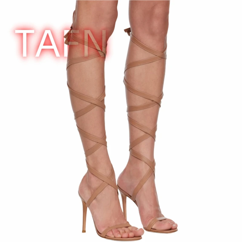 Brown Knee High Wrap Around Sandals Women Strappy Gladiator Sandals Lace up Party Club Summer Stiletto Shoes Zapatos Para Mujere