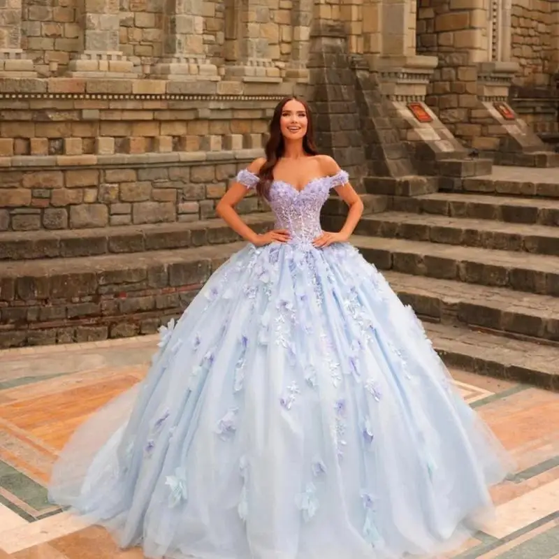 Azul brilhante fora do ombro quinceanera vestido 2025 sexy com decote em v vestido de festa encantador applique renda festa vestido de baile 16 personalizado