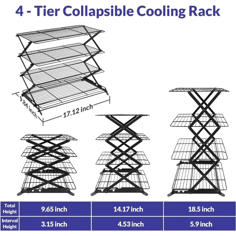 2/3/4-Tier Upgraded Collapsible Cooling Rack with Adjustable 3 Setting Design Stackable Roasting Cooking Drying