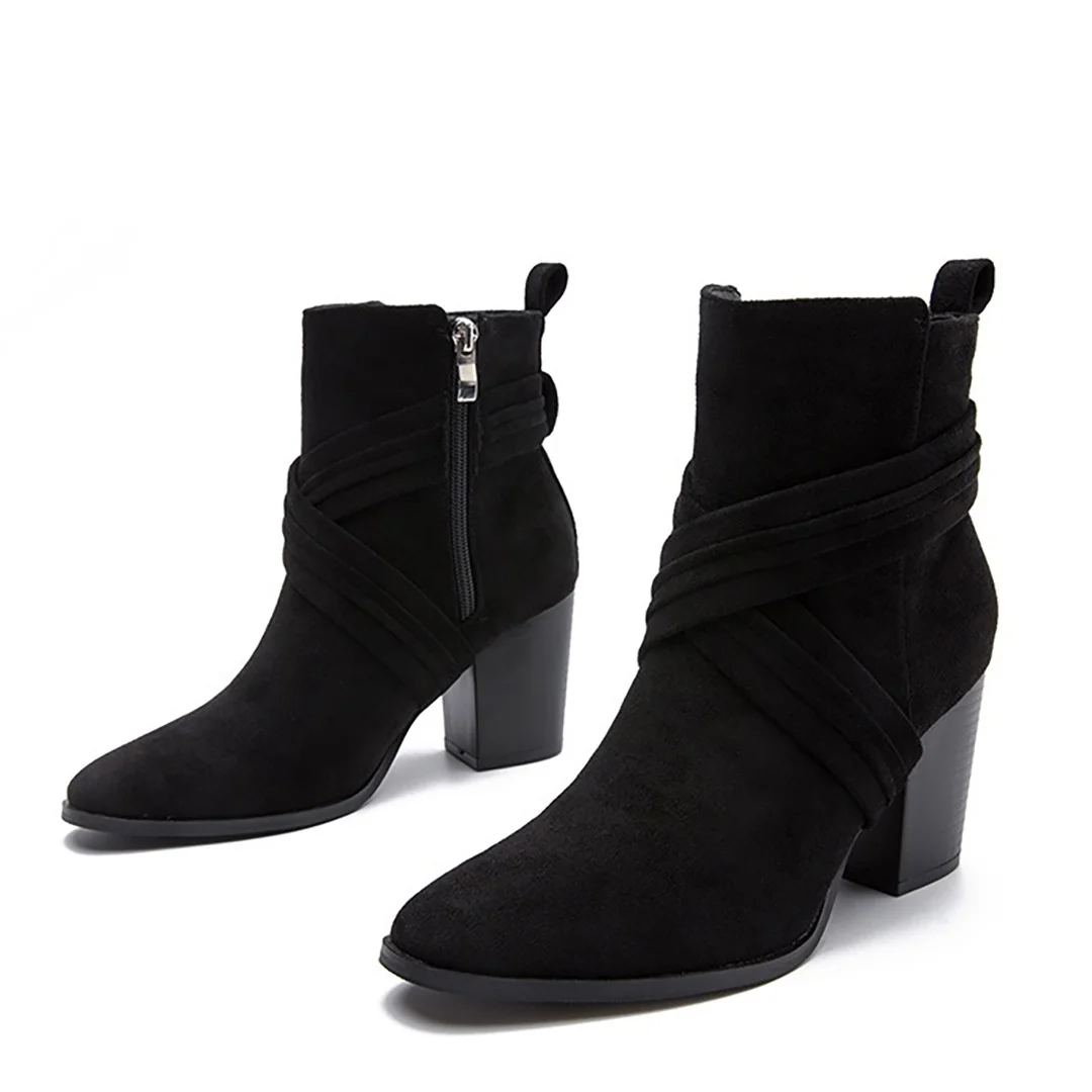 Bottes de rinçage à talons hauts en faux daim noir pour femmes, bout pointu, talon carré, botte courte à la mode, botte à glissière latérale, chaussure pour femme, hiver