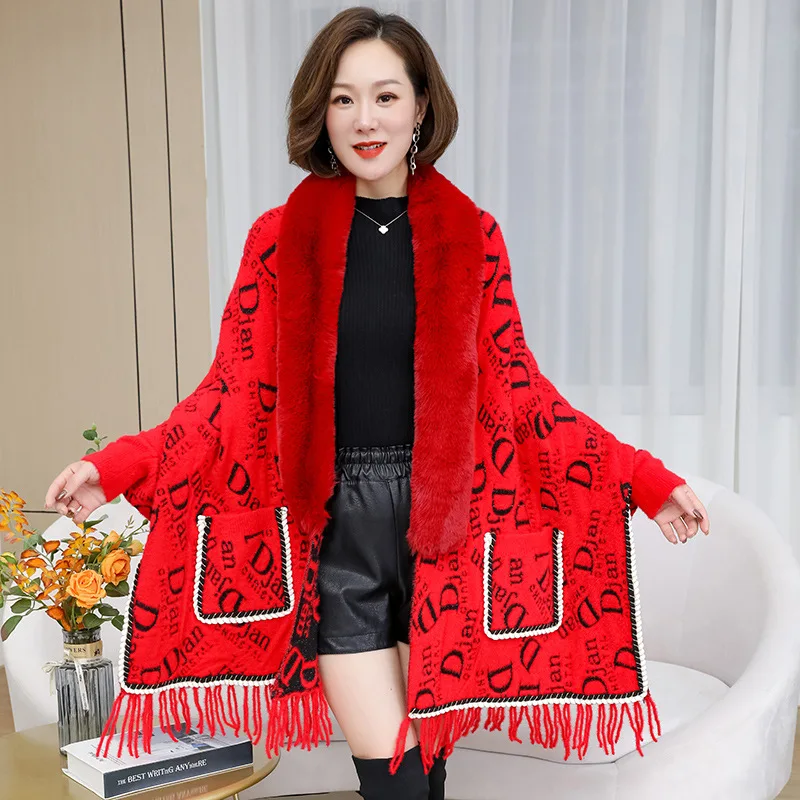 

Autumn Winter New Alphabetic pattern Imitation Wool Collar Knitted Shawl Women Tassels Poncho Lady Capes Red Cloaks