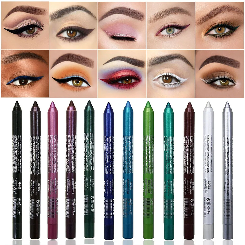 14-farbiger, langlebiger Eyeliner-Stift, wasserfestes Pigment, grün-brauner Eyeliner, freundlich, glatt, hochpigmentiertes Punk-Augen-Make-up