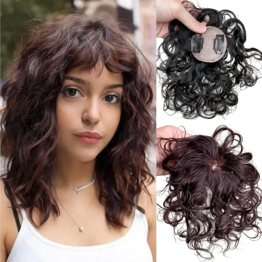 2 Clips Human Hair Natural Color/Dark Brown Women Toppers Curly Style Topper Hairpieces For Hair Loss Volume Cover Grey Hair