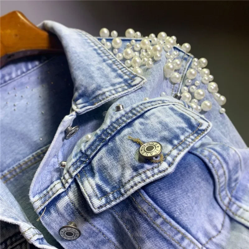 

Korean Women Light Blue Slim Short Denim Jacket Fashion Pearl Beading Lapel Long Sleeve Female Jeans Jacket Student Basic Coat