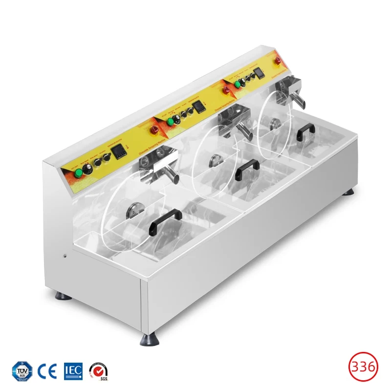 NP-336 เครื่องทําช็อคโกแลตสามหม้อพร้อมเครื่องหลอมช็อคโกแลตบนโต๊ะอัตโนมัติแบบสั่นสะเทือน