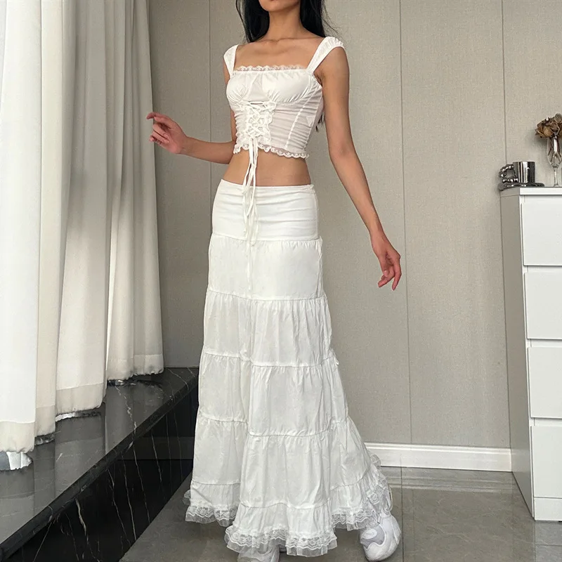 

Women Lace Floral Two Pieces Sets Solid Color Summer Female Elegant Outfits Square Neck Lace Up Tie Tank Tops+Dress Casual Suits