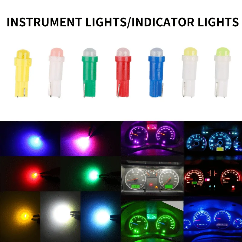 

10 шт. светодиодных ламп T5 W1.2W W3W для освещения салона автомобиля, габаритных огней, индикаторов, приборной панели, 12В
