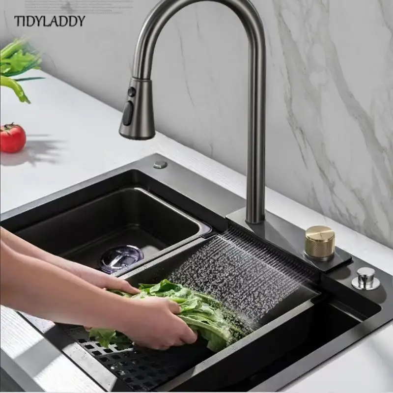 

Waterfall Sink Undermount Kitchen Sink Faucet Pullout Stainless Steel Sink Set Workstation Sink with Basket Strainer Drain