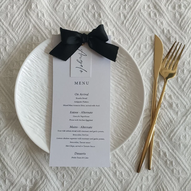 custom Wedding menu birthday Party Plate Card Process black bowknot Card with didferent names tag 50 unit