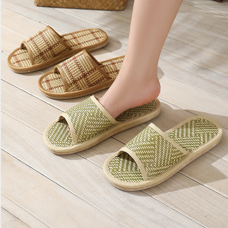 Fashion Women Slippers Woven Rattan Grass Sandals Lightweight Flat Shoes Bedroom Home Couple Breathable Straw Mat Bamboo Sandals image 5