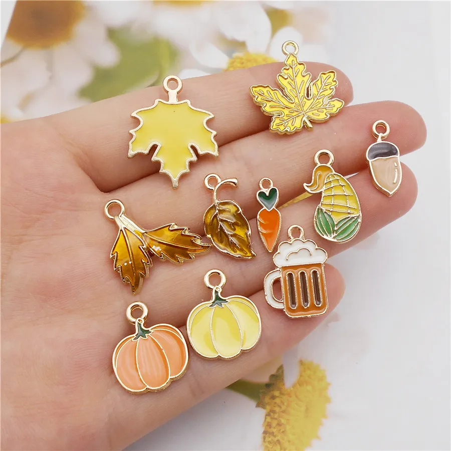 Julie Wang 20PCS Enamel Autumn Charms Maple Leaf Pumpkin Acorn Carrot Alloy Thanksgiving Day Pendant Jewelry Making Accessory