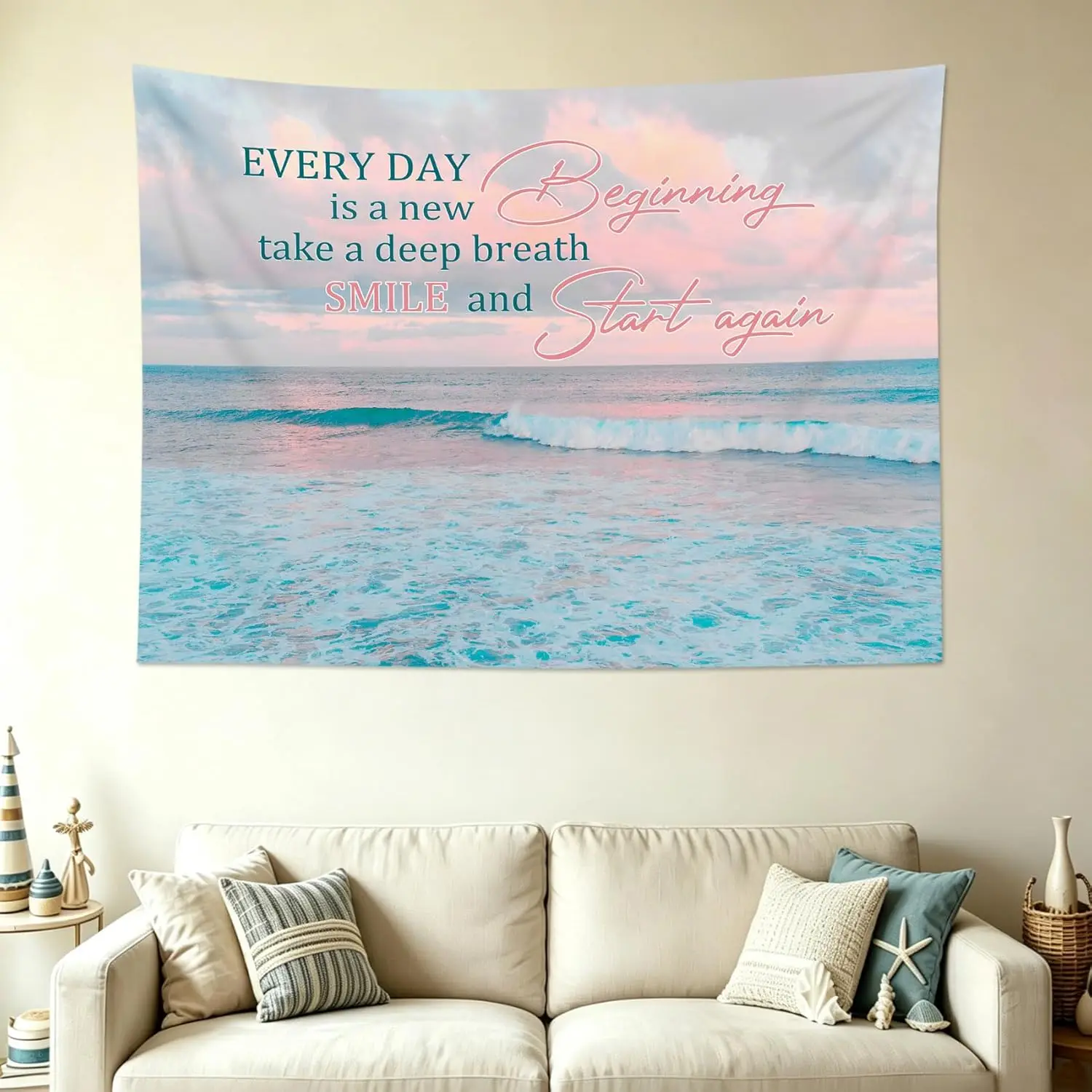 Bohemian Beach Tapestry Wall Hanging Ocean Quote Decor Inspirational Art Fabric Polyester for Living Room Bedroom Boho Coastal D