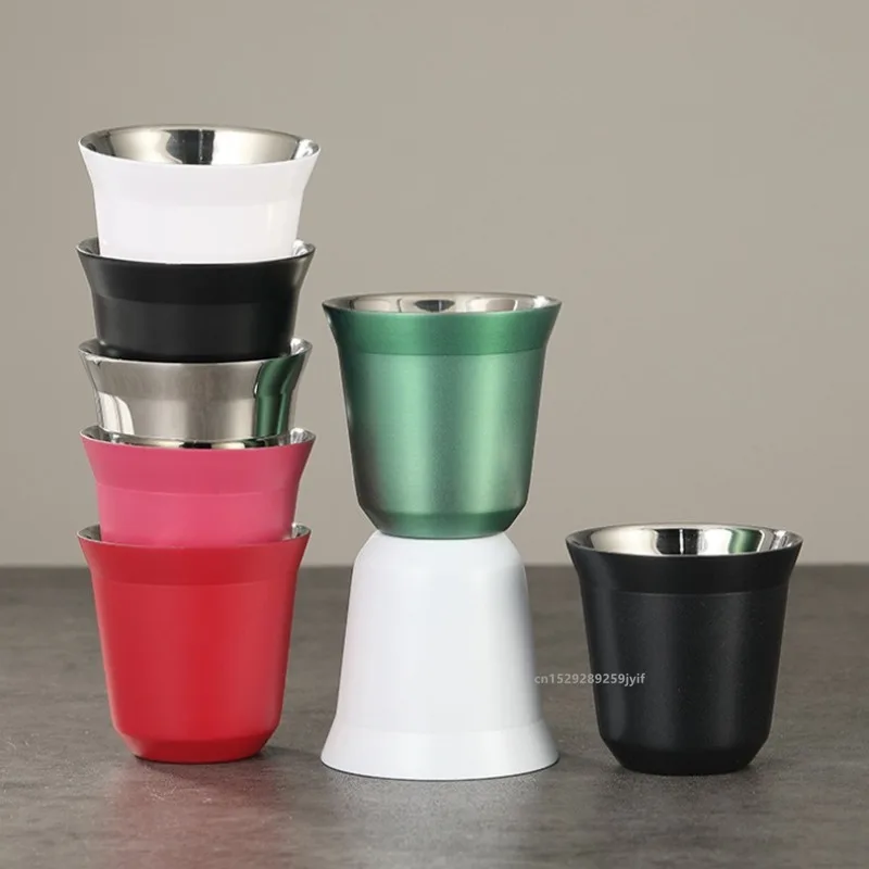 1pc 80ml/160ml Flat Bottom Cup Stainless Steel Double-layer Inner Tank Capsule Coffee Cup High-grade Solid Color Water Cup