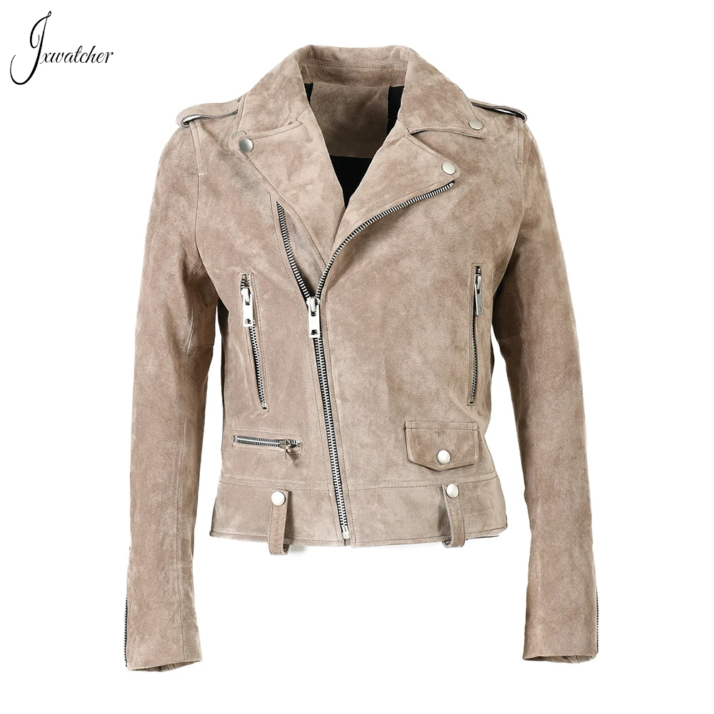 

Jxwatcher Genuine Suede Jacket Woman 2023 Spring New Style Moto Biker Zipper Jacket Ladies Autumn Fashion Real Leather Coat