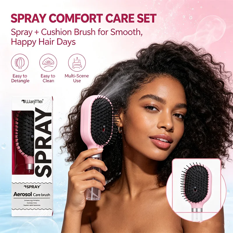 Anti-Static Spray Hair Brush Portable Fine Mist Water Spray Comb Detangler Tame Frizz Hair Styling Tools Salon Home Travel Use