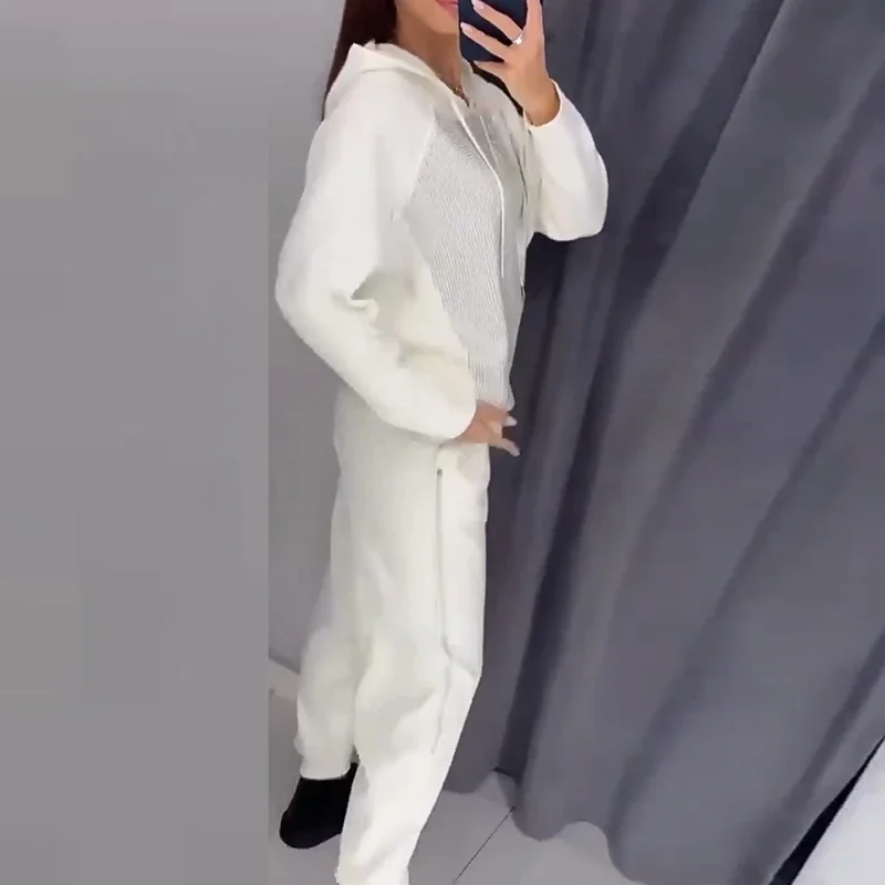 Vestidos Women\'s Fashion Diamonds Hooded Sweatshirt Sports Suit Autumn Winter O Neck Solid Color Loose Basic 2-piece set 2025