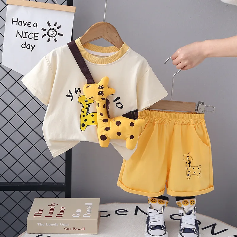 

Kids Summer Sets 2024 Baby Boy Clothes 9 To 12 Months Cartoon Giraffe Short Sleeve T-shirts and Shorts 2PCS Children's Clothing