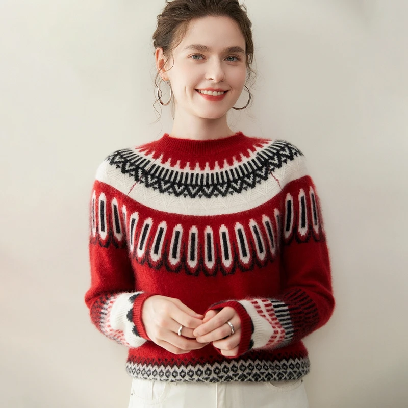 Women's Fair Isle~Luxury Cashmere Sweater O-Neck Color Blocking Knitwear Thickened Loose Long Sleeve 100% Cashmere Pullover Top