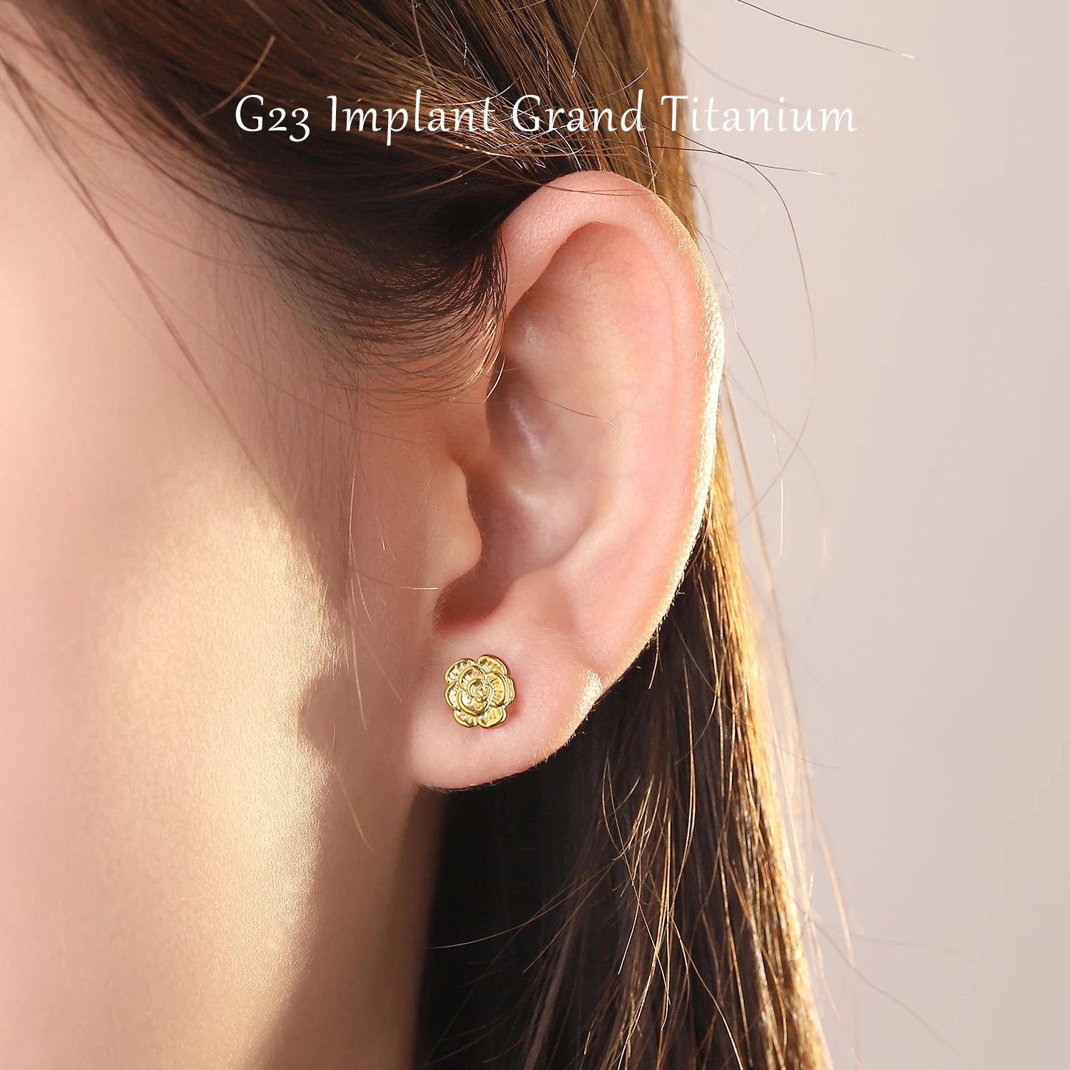 G23 Titanium Rose Flower Stud Earrings Post Pierced Cartilage Lobe Earring Studs with Nickel Free Back for Women Girls