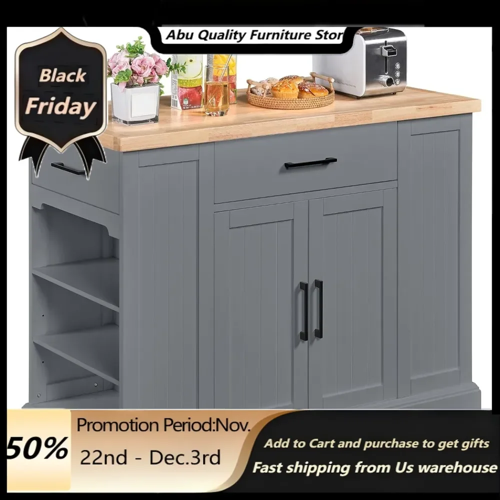 

Rolling Kitchen Island with Thicker Rubberwood Countertop, Kitchen Cart on Hidden Wheels with 3 Drawers & Open Shelves, Storage