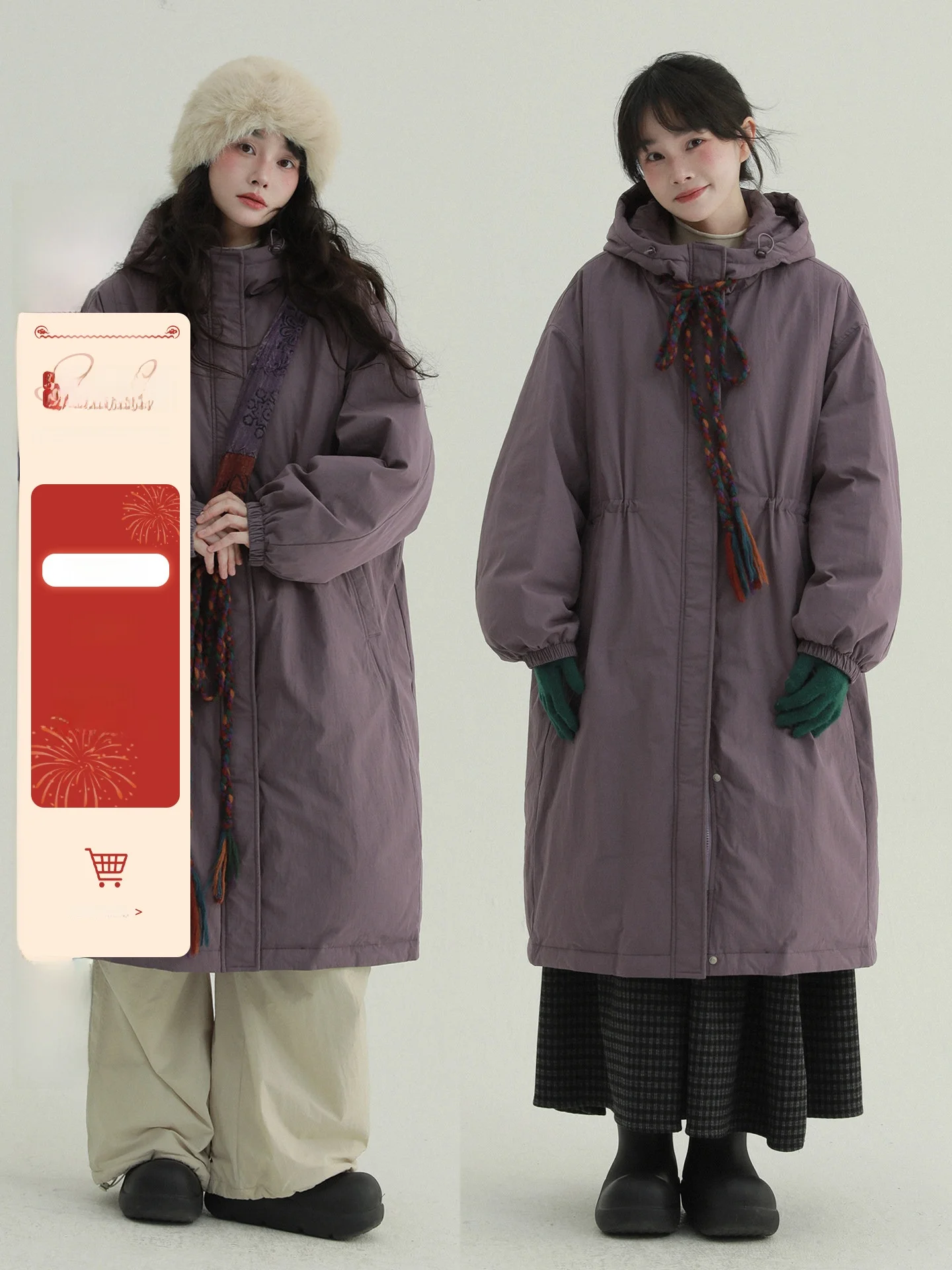 

Rare Purple Hooded Cloak 90 down Casual Warm Outerwear Waist Corded Coat Thi Long Sve Mid-Length for Ladies