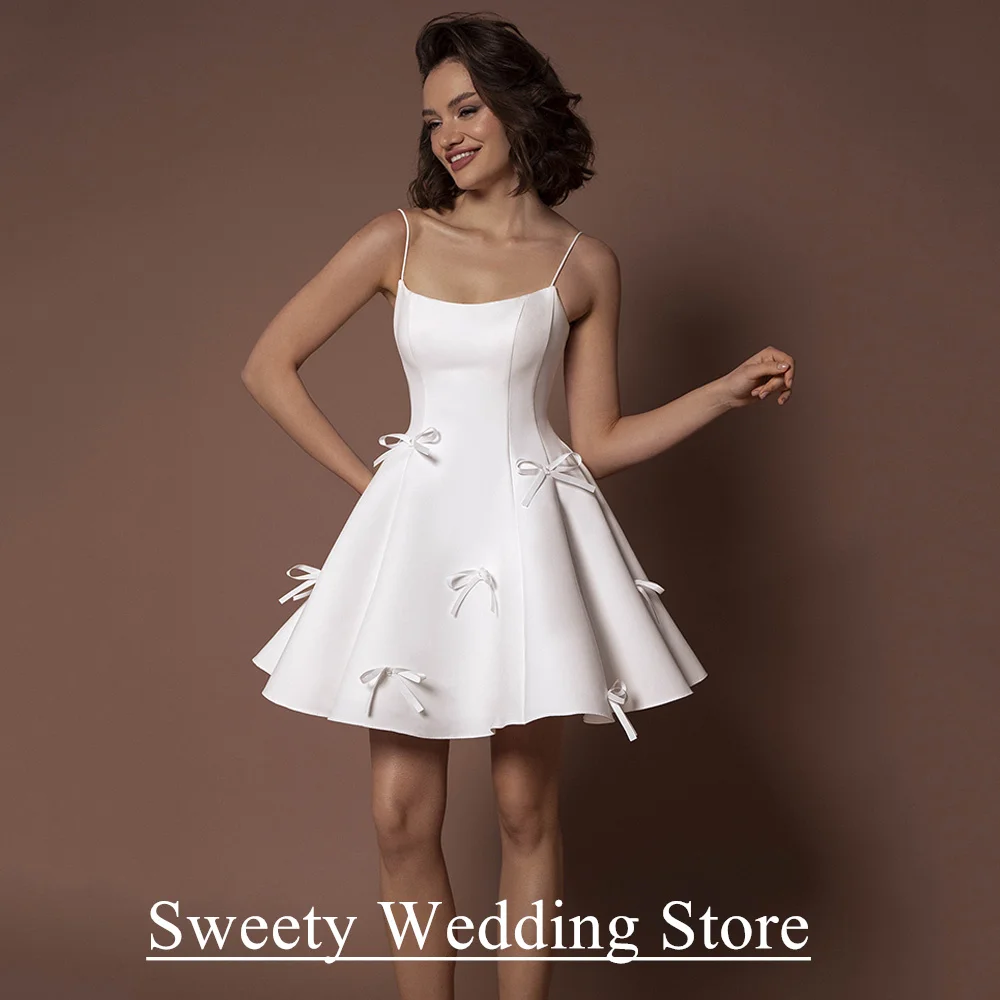 

Mini Wedding Dress with Bow Customized Sexy Spaghetti Straps Back Lace-up Civil Little White Gown Short Bride Dresses