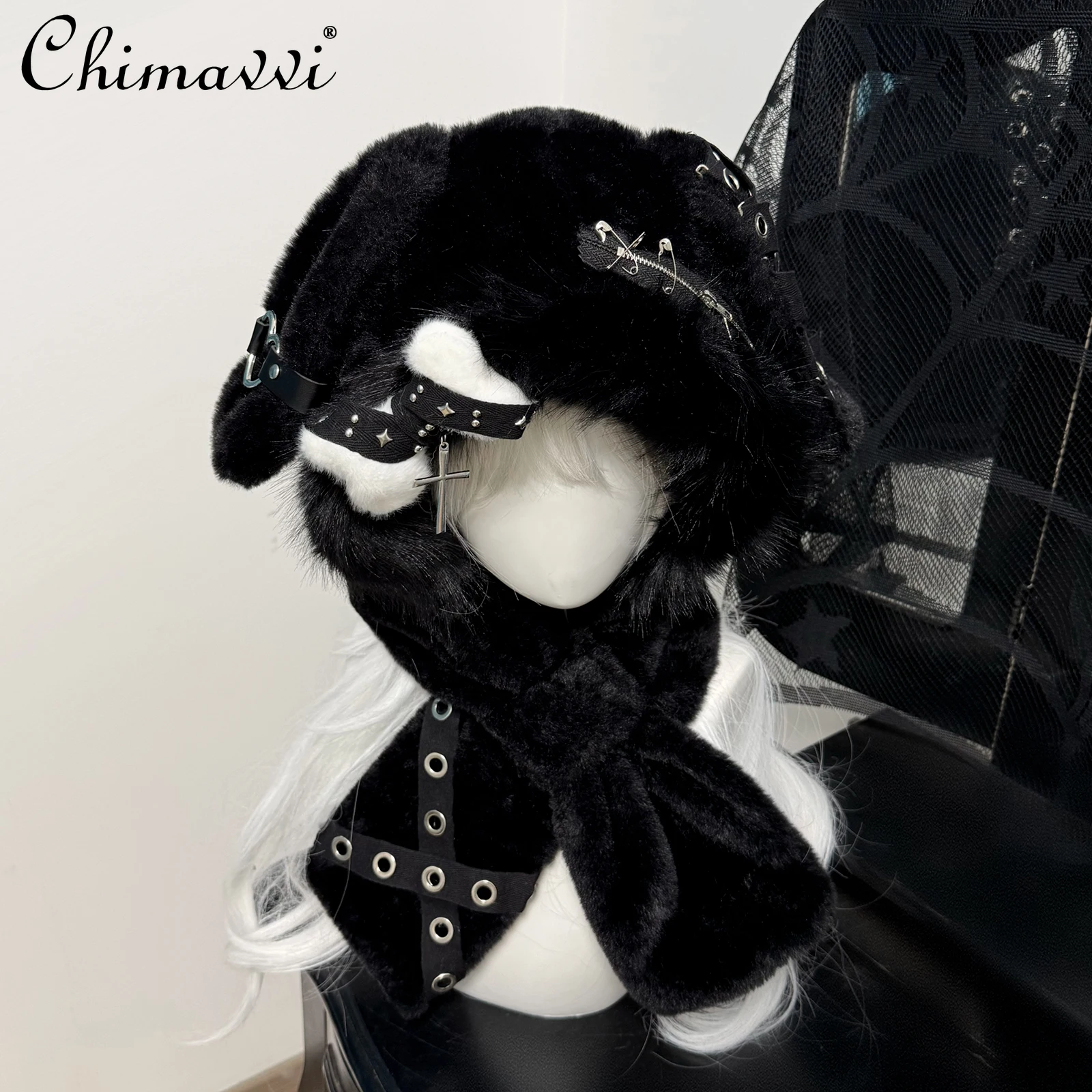 

Оригинальная японская шляпа с заячьими ушками в стиле панк, темная защитная шапка для ушей для девочек, тяжелые плюшевые универсальные теплые шапки для женщин