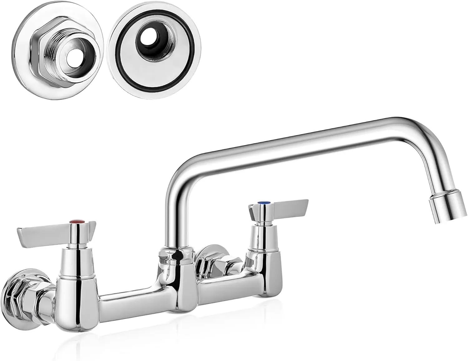 

Wall Mount Commercial Kitchen Faucet, 10 Inch Swivel Spout, 8 Inch Center, Solid Brass, Chrome