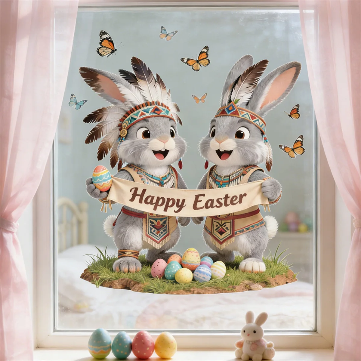 Easter Window Clings Colorful Rabbit Butterfly Electrostatic PVC Window Sticker Bathroom Home Decor for Glass Windows