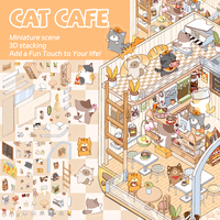 2PCS Creative Explosive Product Shrinking World Cat Cafe Landscape Stickers DIY Decompression PET Material Stickers
