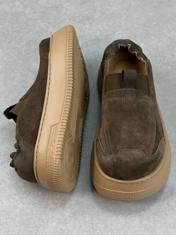 Japanese Genuine Leather Platform Slip-On Mens Casual Shoes Solid Color Cow Suede Round Toe Male Height Increasing Sneakers