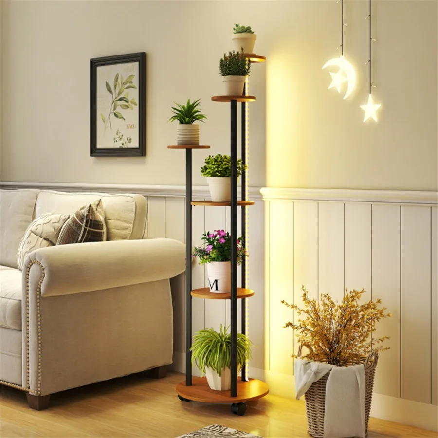 6-Tier Plant Stand with RGB Light Strip, Smart APP and Remote Control Plant Shelf for Home Decor-Natural