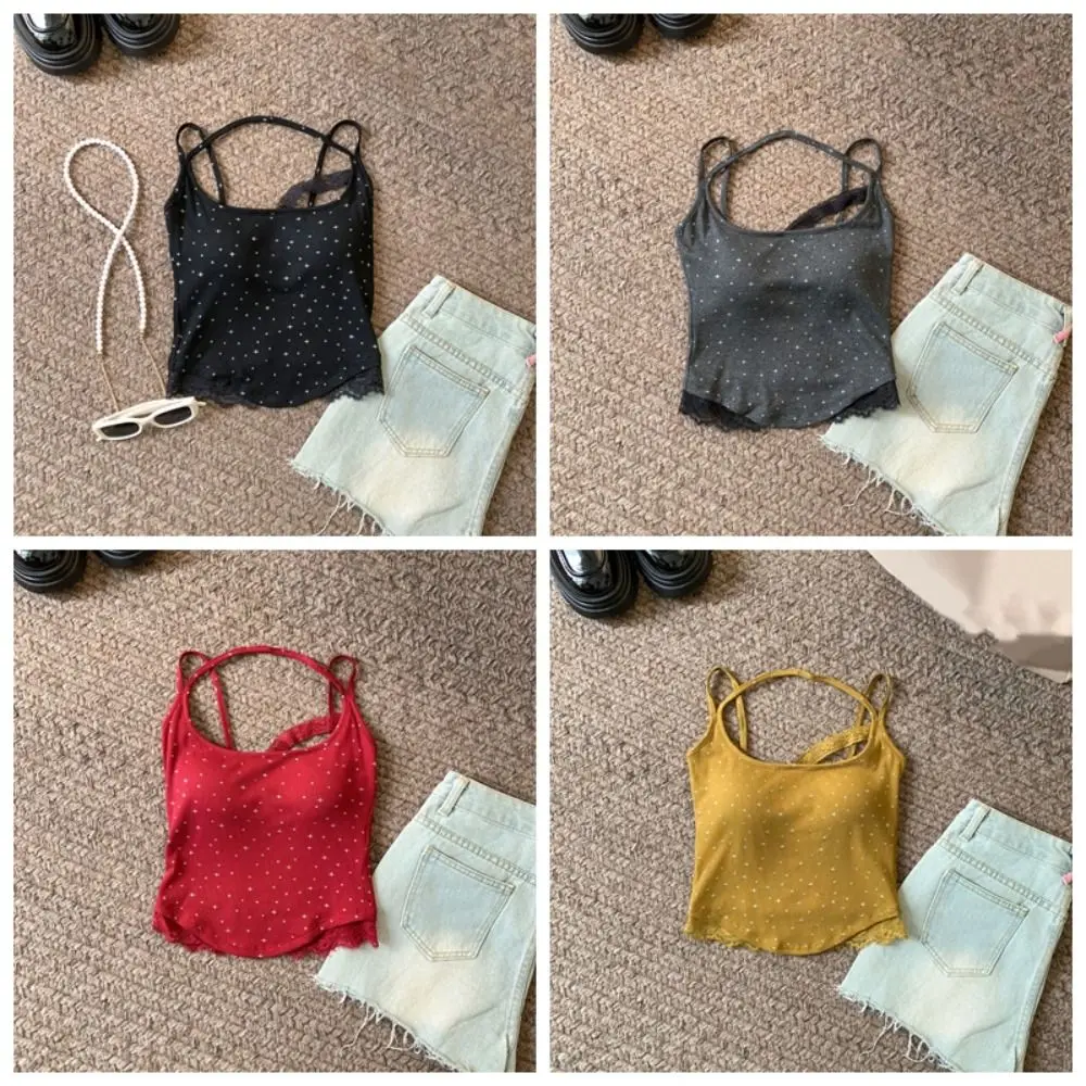 Koreańskie kropki, cienki top na ramiączkach, asymetryczna koszulka na ramiączkach z wkładkami, koronkowy bezrękawnik, obcisły krótki top Y2K na imprezę