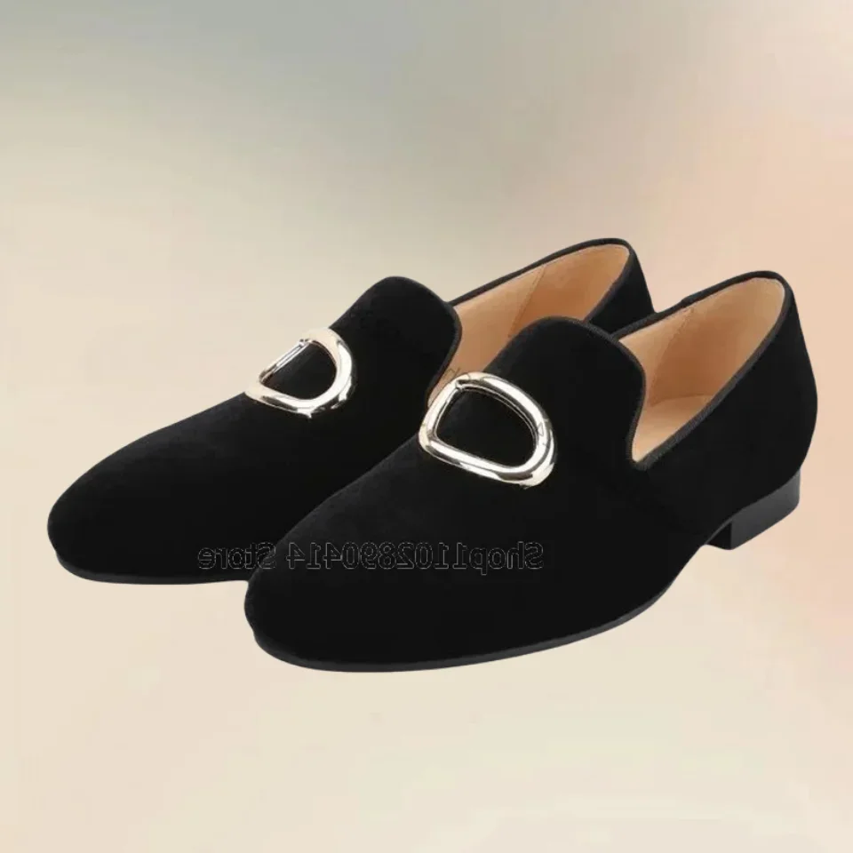

Gold Circle Decor Black Flock Men Loafers Fashion Slip On Men Shoes Luxury Handmade Party Feast Banquet Office Men Casual Shoes