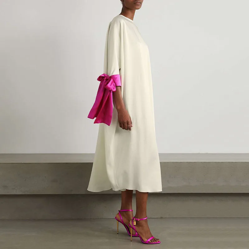 ผู้หญิงใหม่สบายๆOคอชุดยาวElegant Lace Up Contrast Bow 3/4 Sleeve Maxiชุด 2025 ฤดูใบไม้ผลิฤดูร้อนหลวมBoho Party Dres