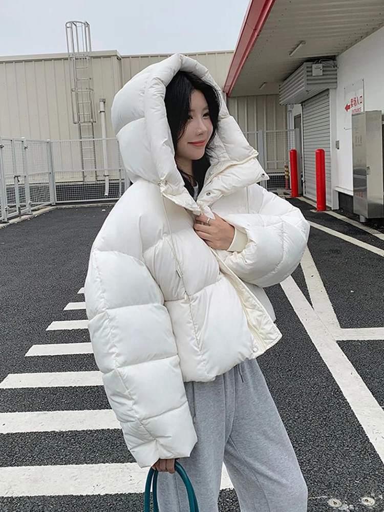 شتاء دافئ الوردي سترات المرأة فضفاضة طويلة الأكمام الحلو مقنعين سترة قطن الكورية موضة نمط Preppy الإناث لطيف منتفخ معطف #4