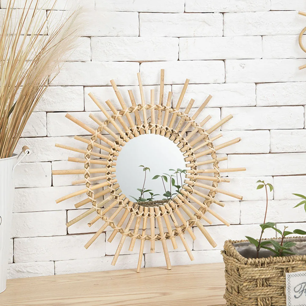 Rattanowy artystyczny wiszący szklany wystrój, rustykalna ręcznie tkana sztuka okrągłe lustro do makijażu Home Decor Art DIY ozdoba dekoracja pokoju