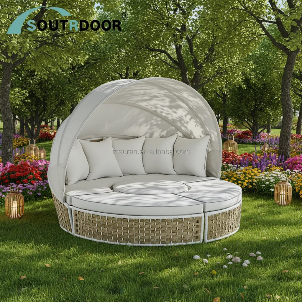 Outdoor Aluminum PE Rattan Sun Lounger Bed Canopy Foldable UV Resistant Eco-Friendly Durable Modern Design Cushions Included