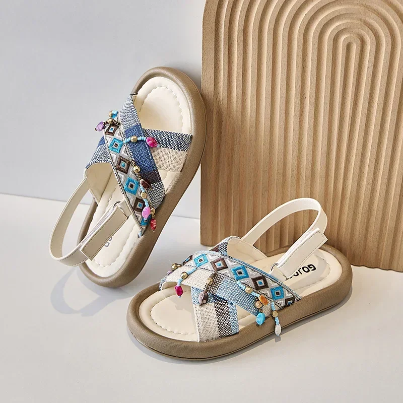 Kids Summer Sandals 2024 New Girl's Ethnic Style Princess Sandals Korean Edition Kids Ladies Roman Sandals with Pendant Elegant