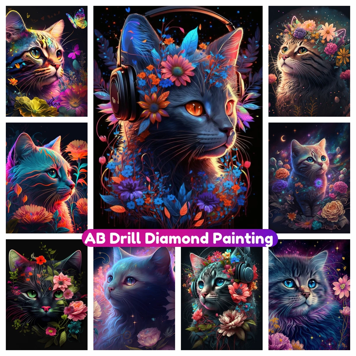 

Cat And Flower Neon AB Diamond Painting Cross Stitch Kit 5D DIY Rhinestone Mosaic Embroidery Home Decor Children Gift