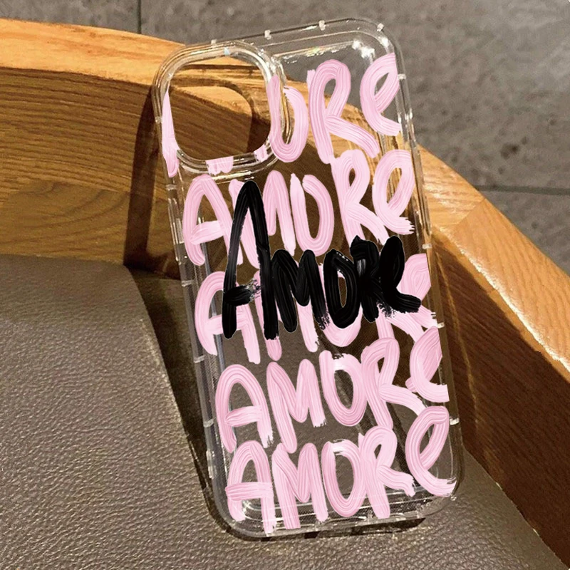 Amore-Love Italian Romantic Pink Lettering Phone Case for Samsung Galaxy S25 Ultra S24 Plus S23 FE S22 A15 A35 A54 A55 A52 Cover