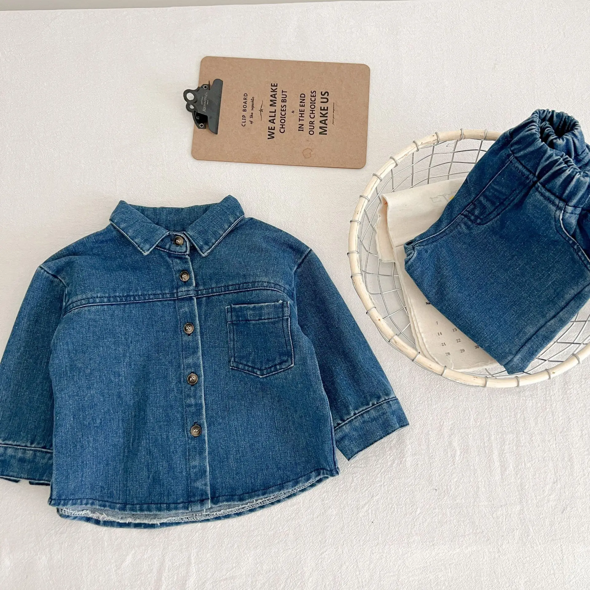 Solid Denim Suit Baby Spring Autumn Long-Sleeved Denim Shirt Jacket Trousers Two-Piece Baby Boys Girls Simple Casual 2PCS