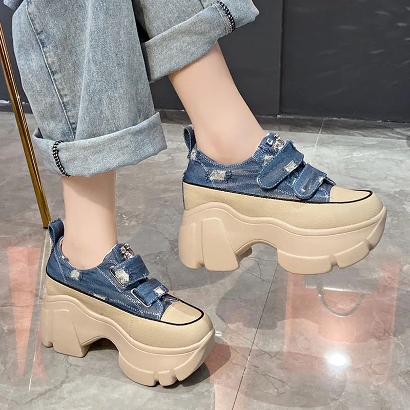 Fashion Denim High Heel Women\'s Sneakers Luxury Designer Rhinestone Square Buckle Platform Shoes Casual Canvas Vulcanized Shoes