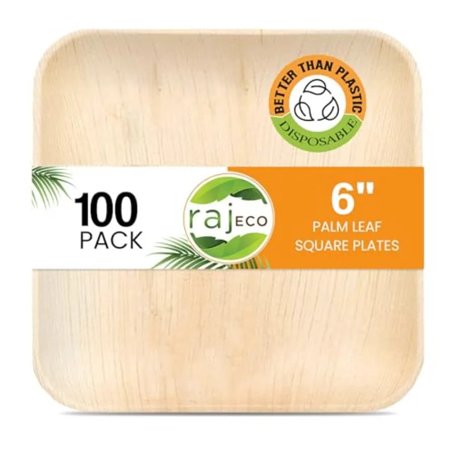 

Тарелки из пальмовых листьев Raj Palm Leaf Plates [-Pack] 6 дюймов, квадратные, похожие на бамбуковые тарелки, одноразовые, прочные, декоративные, компостируемые, для свадеб.