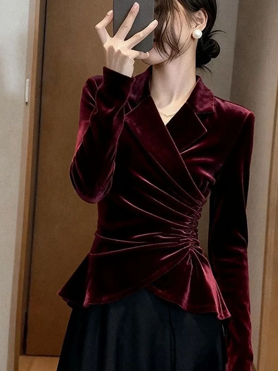Red Wine Color Velvet Shirt Women's Autumn Winter Slim Fit Shirt French Style Long Sleeve Button Closure Pure Color Shirt
