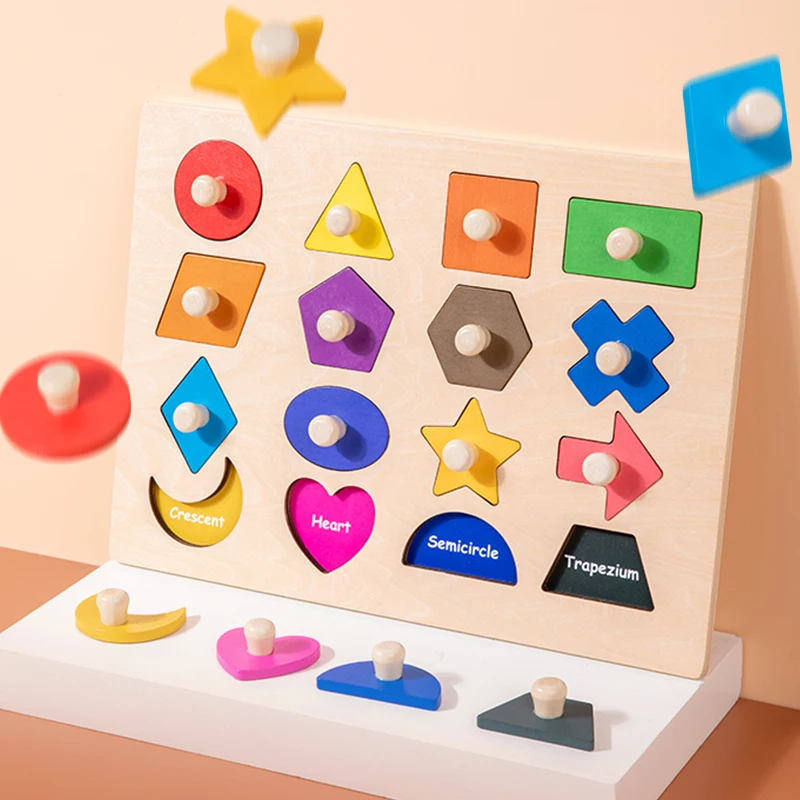 Kids Montessori Wooden Toys Colorful Magnetic Pegged Shape Puzzle Geometry Grasping Board Early Educational Aids For Children