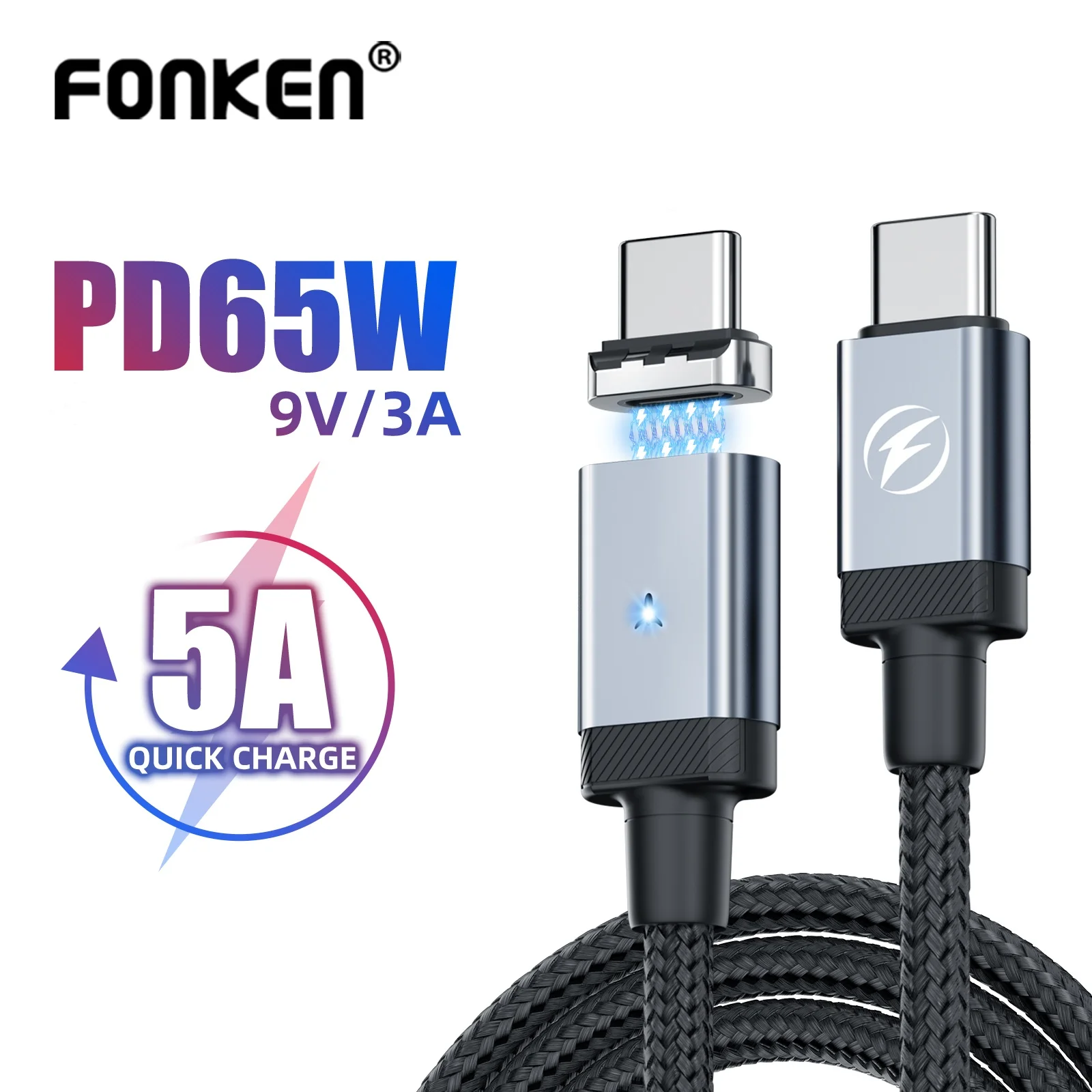 כבל USB C מגנטי FONKEN עבור Samsung Huawei PD 65W כבל טעינה מהירה C ל C כבל מטען מגנטי עבור Xiaomi